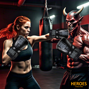 A woman and a man in boxing gloves, showcasing BBE high-quality black leather gear, poised for an intense training session.