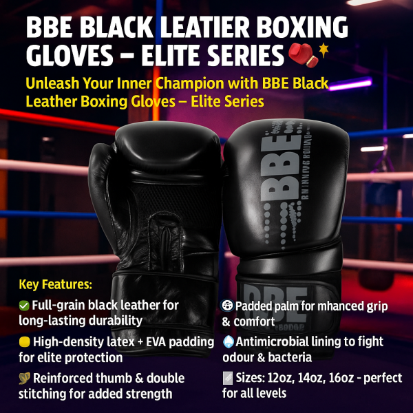 BBE Black Leather Boxing Gloves Elite Series in a vibrant boxing gym setting, premium full-grain leather gloves with reinforced thumb, high-density padding, and antimicrobial lining, ideal for professional training, sparring, and heavy bag workouts.