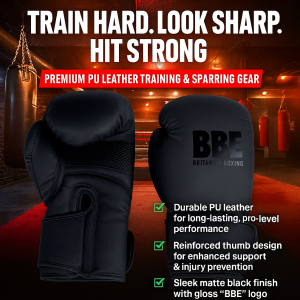 BBE Matte Black Boxing Gloves in hardcore gym setting with premium PU leather design, reinforced thumb support, and bold 'Train Hard. Look Sharp. Hit Strong.' branding – ideal for training, sparring, and heavy bag workouts