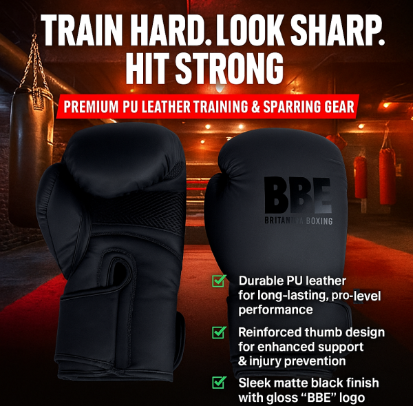 BBE Matte Black Boxing Gloves in hardcore gym setting with premium PU leather design, reinforced thumb support, and bold 'Train Hard. Look Sharp. Hit Strong.' branding – ideal for training, sparring, and heavy bag workouts