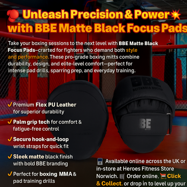 BBE Matte Black Focus Pads in a vibrant boxing gym environment, premium Flex PU leather mitts with palm grip technology, secure hook-and-loop wrist straps, and bold branding—ideal for boxing, MMA, and pad training drills, available online or at Heroes Fitness Store Norwich.
