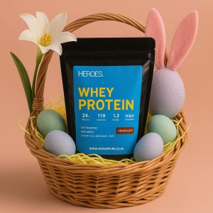 Chocolate Whey Protein in a Easter Egg Basket with Easter Eggs