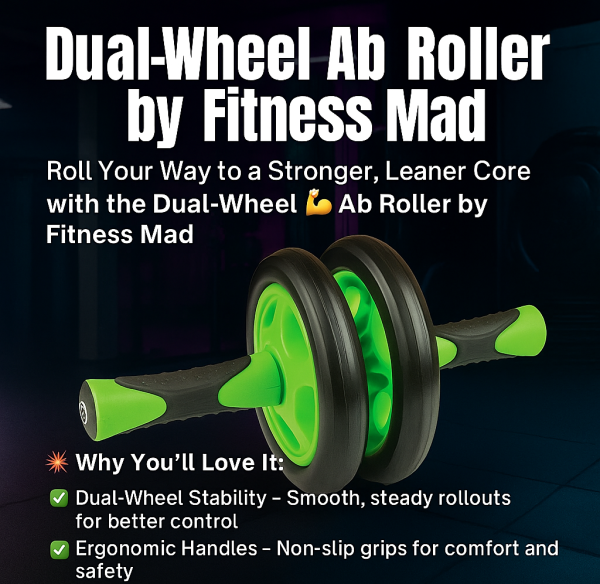 Dual-Wheel Ab Roller by Fitness Mad for core workouts – durable ab exercise wheel with ergonomic grips, designed for stability, home gym, and travel fitness