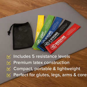 Fitness-Mad 5-Level Mini Resistance Bands with Mesh Carry Bag on Yoga Mat – Durable Latex Workout Loops for Glutes, Legs, Arms & Core Strength Training