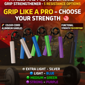 Bright and vibrant hardcore gym background featuring Fitness Mad Pro Power Hand Grip Strengthener with 5 resistance options – ideal for climbers, weightlifters, and strength training enthusiasts improving grip strength and forearm endurance.