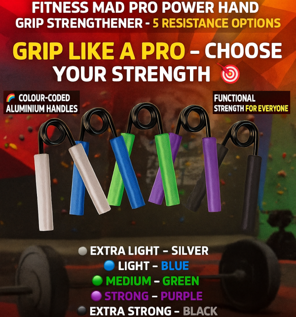 Bright and vibrant hardcore gym background featuring Fitness Mad Pro Power Hand Grip Strengthener with 5 resistance options – ideal for climbers, weightlifters, and strength training enthusiasts improving grip strength and forearm endurance.