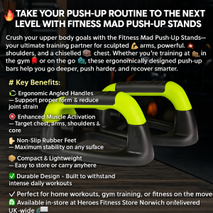 Fitness Mad Push-Up Stands on gym floor with ergonomic angled handles, non-slip feet, and durable design for enhanced upper body workouts – ideal for home fitness, gym training, and portable exercise routines.