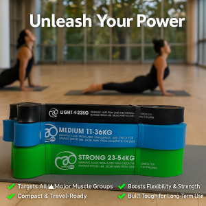 Fitness Mad Power Loop Resistance Bands Set in yoga studio – light, medium, and strong latex bands for full-body workouts, flexibility, and strength training