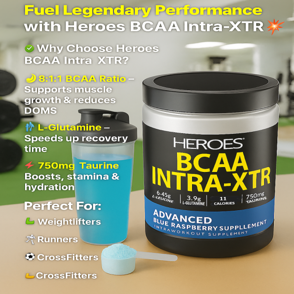 Heroes BCAA Intra-XTR Blue Raspberry Flavour – Advanced 8:1:1 BCAA Powder with L-Leucine, L-Glutamine & Taurine for Muscle Recovery, Endurance & Hydration – Light Pink Powder & Blue Drink in Gym Setting
