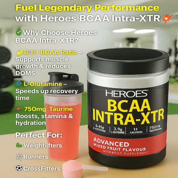 Heroes BCAA Intra-XTR Mixed Fruit Flavour – Advanced 8:1:1 BCAA Powder with L-Leucine, L-Glutamine & Taurine for Muscle Recovery, Endurance & Hydration – Light Pink Powder & Clear Red Drink in Gym Setting
