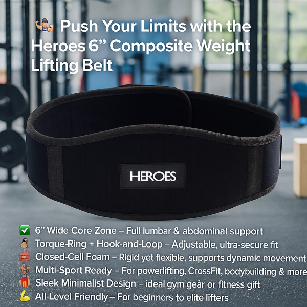 Heroes 6-Inch Composite Weight Lifting Belt – Durable Core Support Belt for Powerlifting, CrossFit & Gym Training, Featuring Adjustable Hook-and-Loop Fastening and Sleek Black Design