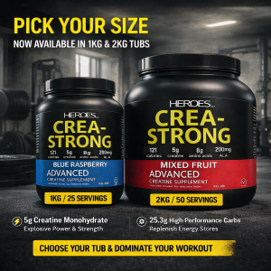 Heroes CREA-STRONG creatine monohydrate UK – elite recovery & strength formula with 5g creatine, 8g amino acids, Blue Raspberry or Mixed fruit flavour