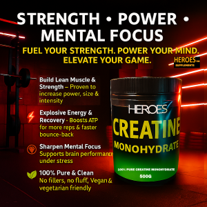 Hardcore gym-themed digital ad for Heroes Creatine Monohydrate supplement tub — featuring bold lightning effects, demonic energy backdrop, and key benefits like muscle strength, ATP energy boost, mental focus, and vegan-friendly pure micronized formula.