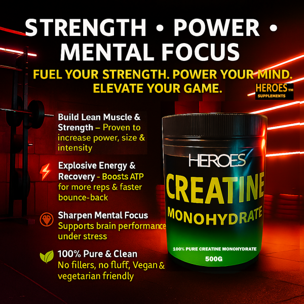 Hardcore gym-themed digital ad for Heroes Creatine Monohydrate supplement tub — featuring bold lightning effects, demonic energy backdrop, and key benefits like muscle strength, ATP energy boost, mental focus, and vegan-friendly pure micronized formula.