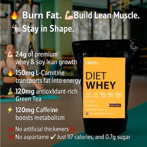 Heroes Diet Whey Protein Powder Chocolate Flavour – 24g Protein, Fat-Burning L-Carnitine, Green Tea, and Caffeine – Low Sugar, Low Calorie Weight Loss Shake Supplement – UK Made Sports Nutrition Label