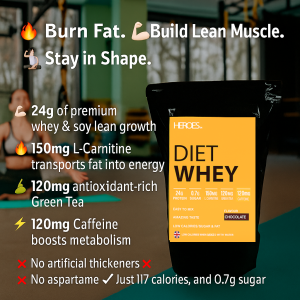 Heroes Diet Whey Protein Powder Chocolate Flavour – 24g Protein, Fat-Burning L-Carnitine, Green Tea, and Caffeine – Low Sugar, Low Calorie Weight Loss Shake Supplement – UK Made Sports Nutrition Label