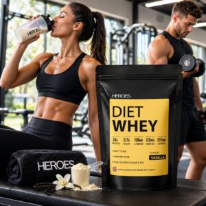 Bright gym scene featuring Heroes Diet Whey Vanilla protein powder bag in the foreground, with a fit woman drinking a vanilla protein shake and a muscular man lifting weights in the background.