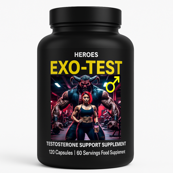 Heroes EXO-TEST testosterone support supplement in a stylish bottle, emphasizing health and vitality.