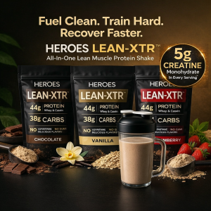 Heroes LEAN-XTR all-in-one lean muscle protein shake in Chocolate, Vanilla and Strawberry flavours, featuring 44g protein, 38g carbs and 5g creatine, shown with shaker on dark premium background.