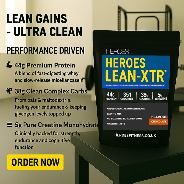 Heroes LEAN-XTR™ lean muscle protein chocolate powder with whey, casein, creatine, and clean carbs – ultra-clean all-in-one supplement for strength, endurance, and performance, displayed on gym bench with modern fitness background