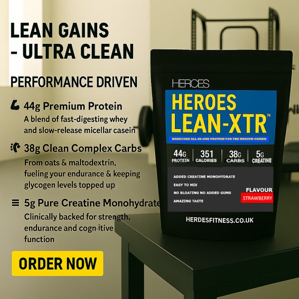 Heroes LEAN-XTR™ lean muscle protein strawberry powder with whey, casein, creatine, and clean carbs – ultra-clean all-in-one supplement for strength, endurance, and performance, displayed on gym bench with modern fitness background