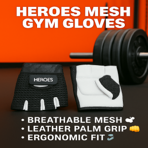 "Heroes Mesh Gym Gloves – Breathable Mesh Workout Gloves with Leather Palm Grip and Ergonomic Fit for Weightlifting, CrossFit, and Fitness Training