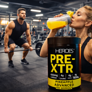 Bright gym scene with Heroes PRE-XTR Pineapple Advanced Pre-Workout tub in the foreground, a fit woman drinking a yellow pre-workout shake and a muscular man lifting weights in the background.