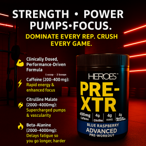 HEROES PRE-XTR high-stim pre-workout supplement displayed in neon-lit gym with bold claims of strength, power, pumps, and focus; highlights ingredients like caffeine, beta-alanine, citrulline, and AAKG for bodybuilding and gaming performance.