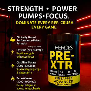 EROES PRE-XTR high-stim pre-workout pineapple flavour supplement displayed in neon-lit gym with bold claims of strength, power, pumps, and focus; highlights ingredients like caffeine, beta-alanine, citrulline, and AAKG for bodybuilding and gaming performance.