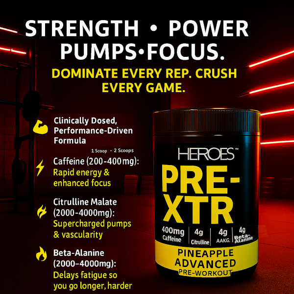 EROES PRE-XTR high-stim pre-workout pineapple flavour supplement displayed in neon-lit gym with bold claims of strength, power, pumps, and focus; highlights ingredients like caffeine, beta-alanine, citrulline, and AAKG for bodybuilding and gaming performance.