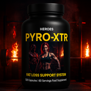 Heroes PYRO-XTR Thermo Burn Fat Burner Supplement – 120 Capsules Bottle with Muscular Athletes in Demonic Gym Background, Advanced Thermogenic Weight Loss and Energy Support for Men and Women