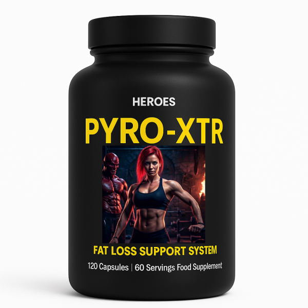 Display of Heroes PYRO-XTR Fat Loss Support System, showcasing its sleek design and key benefits for weight management.