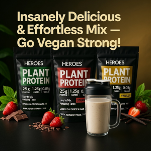 Heroes Plant Based Protein Powder in 3 Delicious Flavours Lined Up with fruit and A Glass Of Vanilla Protein