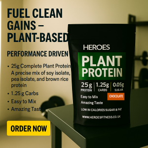 HEROES Plant Protein 900g Chocolate flavour pouch with clean label design, highlighting 25g protein, low sugar, low carbs, and easy mixability—ideal for vegan fitness and lean muscle support.
