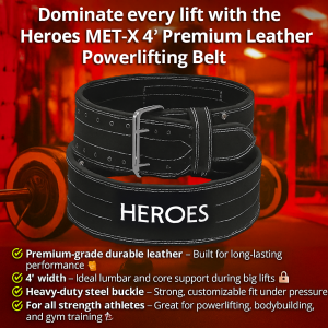 Heroes MET-X 4-inch Premium Leather Powerlifting Belt for Men and Women – Heavy-Duty Black Weightlifting Belt with Steel Buckle, Lumbar Support, and Durable Stitching – Ideal for Powerlifting, Bodybuilding, and Gym Training