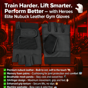 Heroes Elite Nubuck Leather Gym Gloves for Weightlifting – Premium padded lifting gloves with breathable mesh, memory foam palms, enhanced grip texture, and 3/4-finger design for strength training, gym workouts, and joint protection