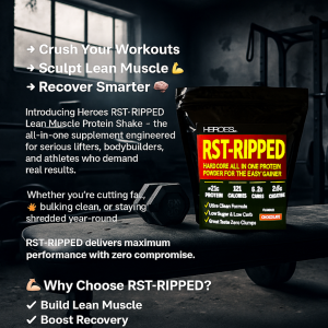 Heroes RST-RIPPED Chocolate Flavour Lean Muscle Protein Shake – high-protein, low-carb supplement for bodybuilders and athletes; builds lean muscle, boosts recovery, and supports clean bulking or fat cutting.