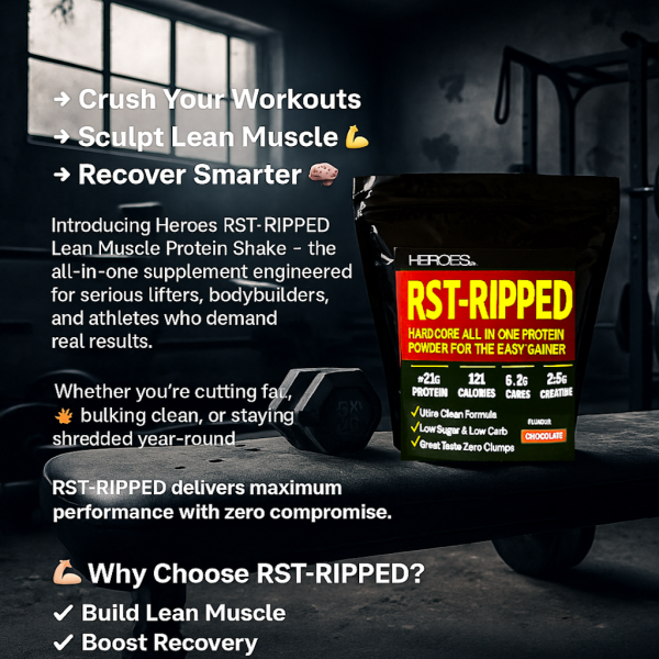 Heroes RST-RIPPED Chocolate Flavour Lean Muscle Protein Shake – high-protein, low-carb supplement for bodybuilders and athletes; builds lean muscle, boosts recovery, and supports clean bulking or fat cutting.