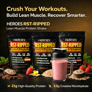 Heroes RST-RIPPED lean muscle protein shake in Chocolate, Vanilla and Strawberry flavours, featuring 21g protein and 2.5g creatine monohydrate per serving, shown with strawberry shake and premium gym-style background.