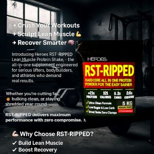 Heroes RST-RIPPED 5kg Value Pack Strawberry Flavour Lean Muscle Protein Shake – high-protein, low-carb supplement for bodybuilders and athletes; builds lean muscle, boosts recovery, and supports clean bulking or fat cutting vanilla Flavour Lean Muscle Protein Shake – high-protein, low-carb supplement for bodybuilders and athletes; builds lean muscle, boosts recovery, and supports clean bulking or fat cutting.