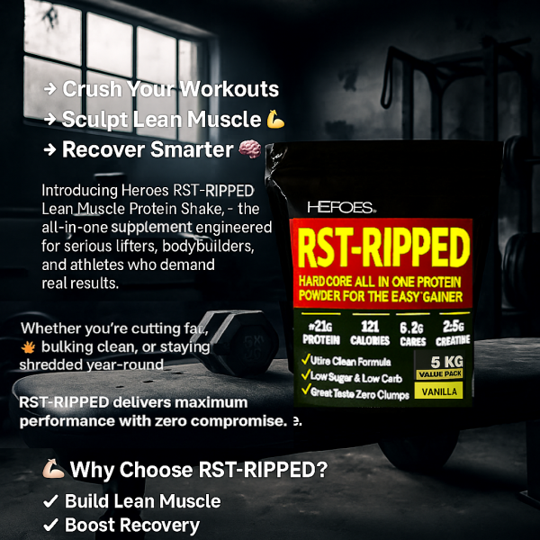 Heroes RST-RIPPED 5kg Value Pack Vanilla Flavour Lean Muscle Protein Shake – high-protein, low-carb supplement for bodybuilders and athletes; builds lean muscle, boosts recovery, and supports clean bulking or fat cutting vanilla Flavour Lean Muscle Protein Shake – high-protein, low-carb supplement for bodybuilders and athletes; builds lean muscle, boosts recovery, and supports clean bulking or fat cutting.