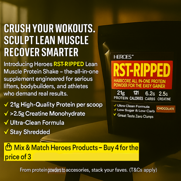Heroes RST-RIPPED Lean Muscle Protein Shake advertisement featuring high-protein, low-carb chocolate supplement for easy gainers, with 21g protein, 2.5g creatine, and 121 calories per serving – perfect for bodybuilders, athletes, and fitness enthusiasts aiming for lean muscle growth and recovery.