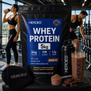 Heroes Whey Protein 5kg chocolate flavour large pouch with shaker and chocolate shake in gym setting