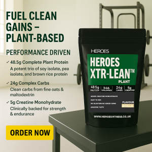 HEROES XTR-LEAN Plant Protein Powder Vanilla – 48.5g plant-based protein, 24g complex carbs, and 5g creatine in a clean vegan formula for strength, endurance, and muscle recovery. High-performance vegan protein supplement.