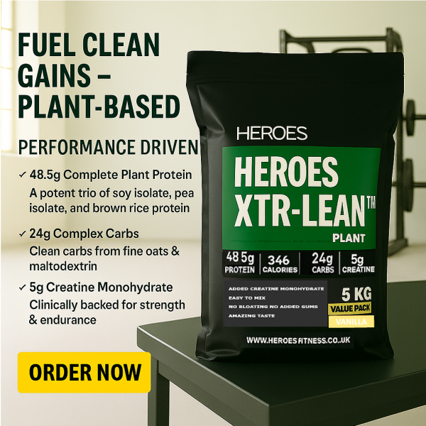 HEROES XTR-LEAN Plant Protein Powder 5KG Value Pack Vanilla – High-protein vegan supplement with 48.5g plant protein, 24g complex carbs, and 5g creatine. Ideal for muscle growth, energy, and recovery with clean ingredients.