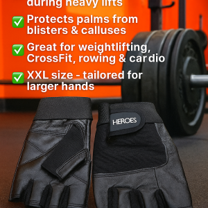 Heroes XXL Black Leather Gym Gloves on gym floor with barbell in background – premium weightlifting gloves for enhanced grip, palm protection & CrossFit training, now only £5.