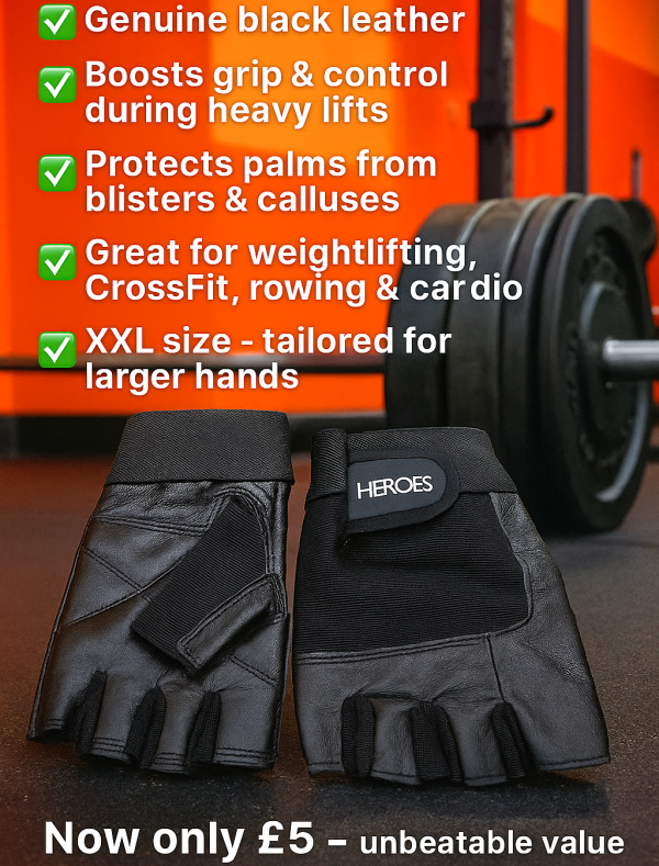 Heroes XXL Black Leather Gym Gloves on gym floor with barbell in background – premium weightlifting gloves for enhanced grip, palm protection & CrossFit training, now only £5.