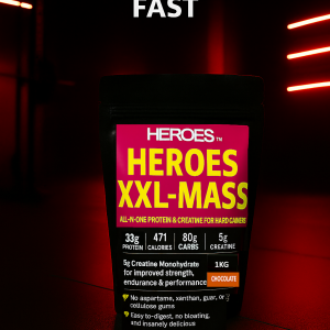 Heroes XXL-MASS 1kg Protein and Creatine Supplement for Hard Gainers – High-Calorie Muscle Mass Gainer with 33g Protein, 80g Carbs, and 5g Creatine – Chocolate Flavour in Red Neon Lit Gym Background.