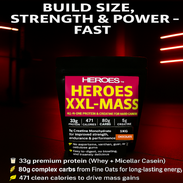 Heroes XXL-MASS 1kg Protein and Creatine Supplement for Hard Gainers – High-Calorie Muscle Mass Gainer with 33g Protein, 80g Carbs, and 5g Creatine – Chocolate Flavour in Red Neon Lit Gym Background.