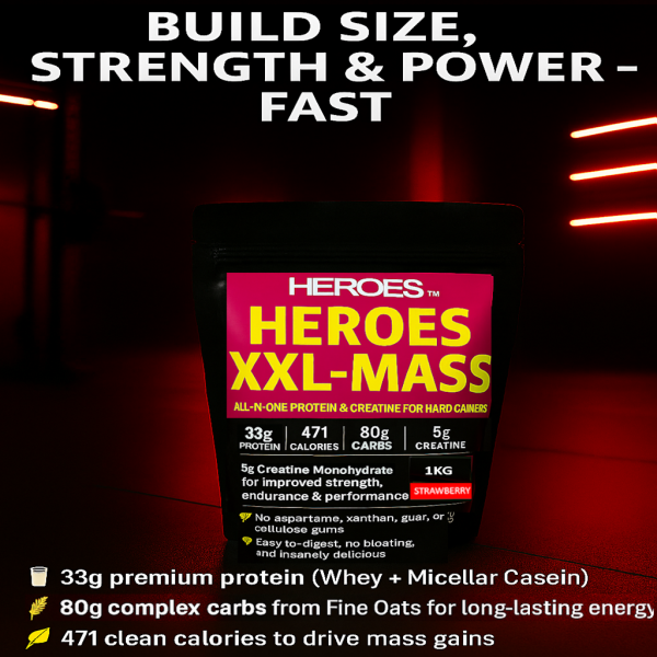 Heroes XXL-MASS 1kg Protein and Creatine Supplement for Hard Gainers – High-Calorie Muscle Mass Gainer with 33g Protein, 80g Carbs, and 5g Creatine – Strawberry Flavour in Red Neon Lit Gym Background.